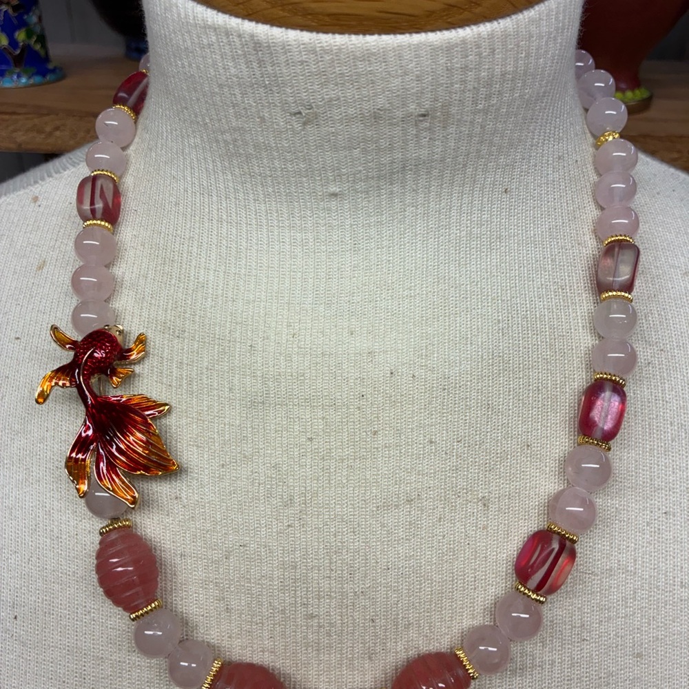 Elegant rose and cherry qtr and Gold Necklace with Artistic Fish Pendant